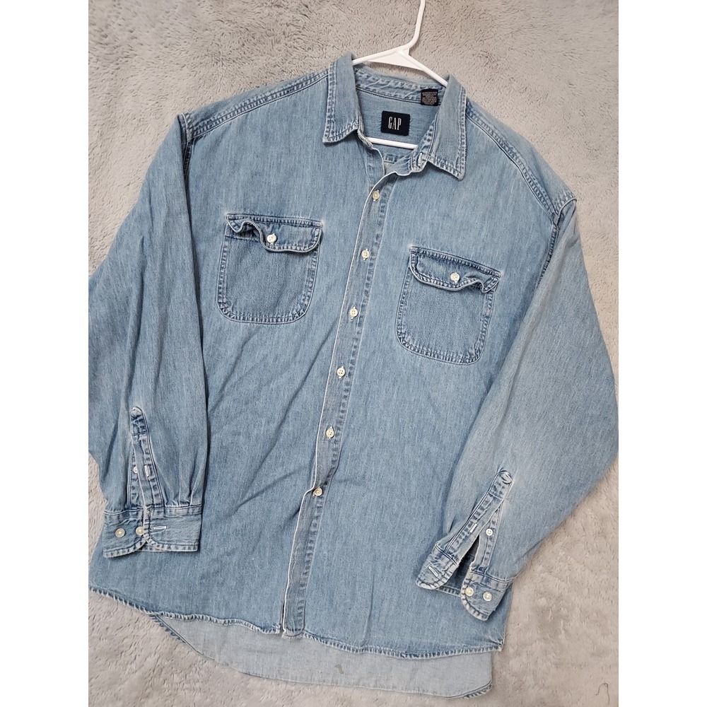 Vintage Gap Shirt Mens XL Denim Long Sleeve Button Down Faded Blue Pockets 90s